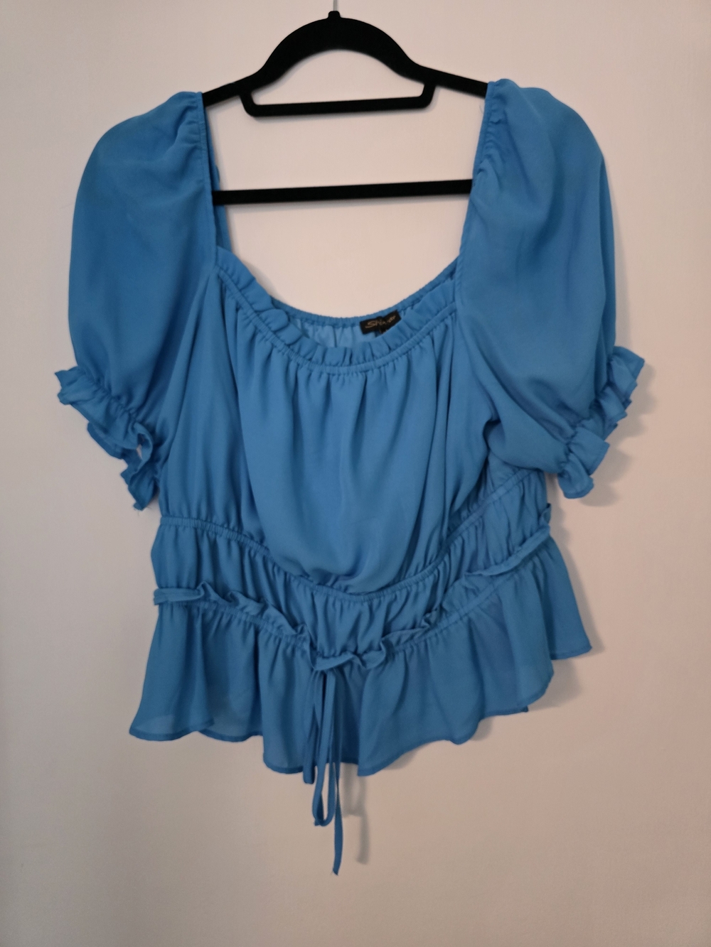 Shinestar Sky Blue Puff-Sleeve Peplum Blouse